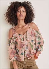 Chiffon Cold Shoulder Top Allover Needlework Floral
