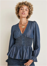 Chambray Smocked Top Dark Wash