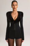 Faux Fur Trim Corset Playsuit in Black