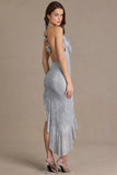 Embellished Plunge Asymmetric Maxi Dress in Diamond