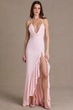 Chiffon Cowl Neck Open Back Gown in Baby Pink