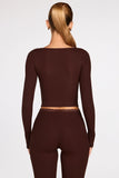 Ribbed Modal Long Sleeve Laced Bra Top in Chocolate Brown