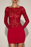 Sheer Lace Boat Neck Mini Dress in True Red