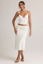 Modal Ruched Mid Rise Midaxi Skirt in White