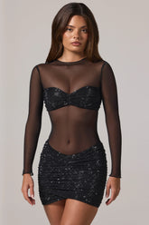 Sheer Embellished High Neck Long Sleeve Mini Dress in Black