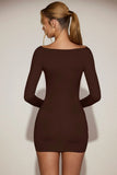 Soft Jersey Boat Neck Draped Mini Dress in Chocolate Brown