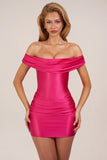 Satin Off Shoulder Draped Mini Dress in Hot Pink