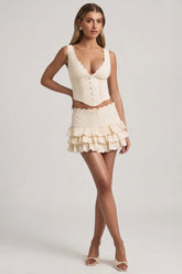 Layered Ruffled Low Rise Mini Skirt in Ivory