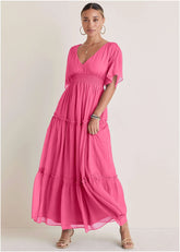 Flutter Sleeve Maxi Dress Hot Pink