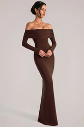 Off Shoulder Long Sleeve Maxi Dress in Chocolate Brown