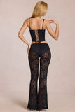 Sheer Lace Mid Rise Flared Trousers in Black