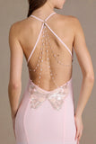 Chiffon Cowl Neck Open Back Gown in Baby Pink
