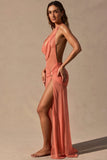 Cowl Neck Plunge Maxi Dress in Coral