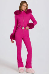 Waterproof Faux Fur Hood Fitted Ski Suit in Magenta Pink