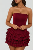 Bandeau Ruffled Tiered Corset Mini Dress in Berry Red