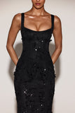 Embellished Appliqué Soft Scoop Corset Gown in Black
