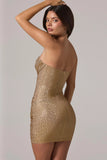 Embellished Bandeau Cowl Waist Mini Dress in Gold