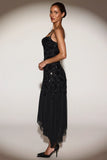 Embellished Soft Scoop Asymmetric Midaxi Dress in Black