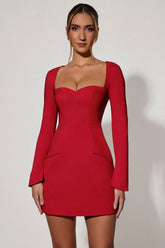 Sweetheart Neck Long Sleeve A Line Mini Dress in Red