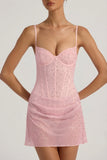 Semi Sheer Embellished Draped Corset Mini Dress in Pink
