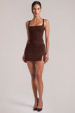 Mid Rise Bodycon Ultra Mini Skirt with Split in Chocolate Brown