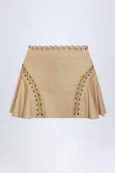 Lace Up Mid Rise Mini Skirt in Tan