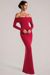 Off Shoulder Long Sleeve Maxi Dress in Cherry Red