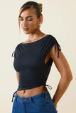 Asymmetric Ruched Cowl Back Crop Top in Black