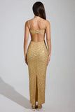 Embellished Cowl Neck Maxi Dress in Gold
