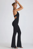 Modal Lace Trim Cut Out Flared Jumpsuit in Black
