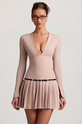 Long Sleeve Pleated Mini Dress in Mushroom