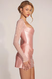 Embellished Long Sleeve Draped Mini Dress in Blush Pink