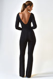 Modal Ruched Plunge Flared Jumpsuit in Black