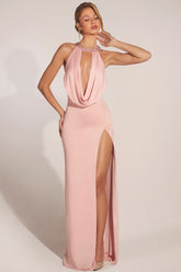 Cowl Neck Thigh High Gown in Blush Pink