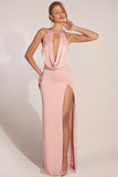 Cowl Neck Thigh High Gown in Blush Pink