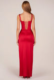 Corseted Thigh High Split Maxi Dress in Rose Red
