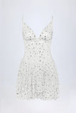 Embellished Ruffled Tiered Mini Dress in White