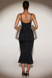 Embellished Peekaboo Fluted Hem Midaxi Dress in Black