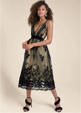 Velvet Floral Midi Dress Black Nude