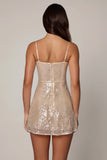 Embellished V neck Lace Mini Dress in Pale Peach