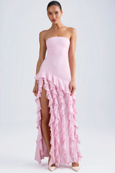 Ruffle Trim Strapless Gown in Light Pink