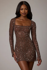 Sheer Embellished Long Sleeve A Line Mini Dress in Deep Cocoa