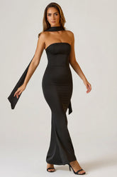 Scarf Detail Strapless Gown in Black