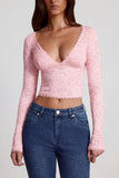 Sheer Lace Plunge Neck Long Sleeve Top in Pink