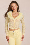 Lace Faux Fur Trim Cardigan in Lemon Yellow
