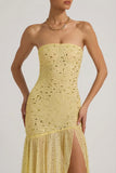 Semi Sheer Embellished Asymmetric Maxi Dress in Yellow