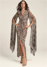Exaggerated Sleeve Dress Brown Multi