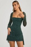Embellished Cowl Neck Draped Mini Dress in Emerald Green