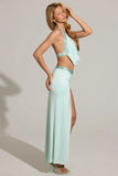Embellished Low Rise Maxi Skirt in Aqua Blue