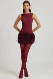 Satin Floral Appliqué Open Back Mini Dress in Wine Red